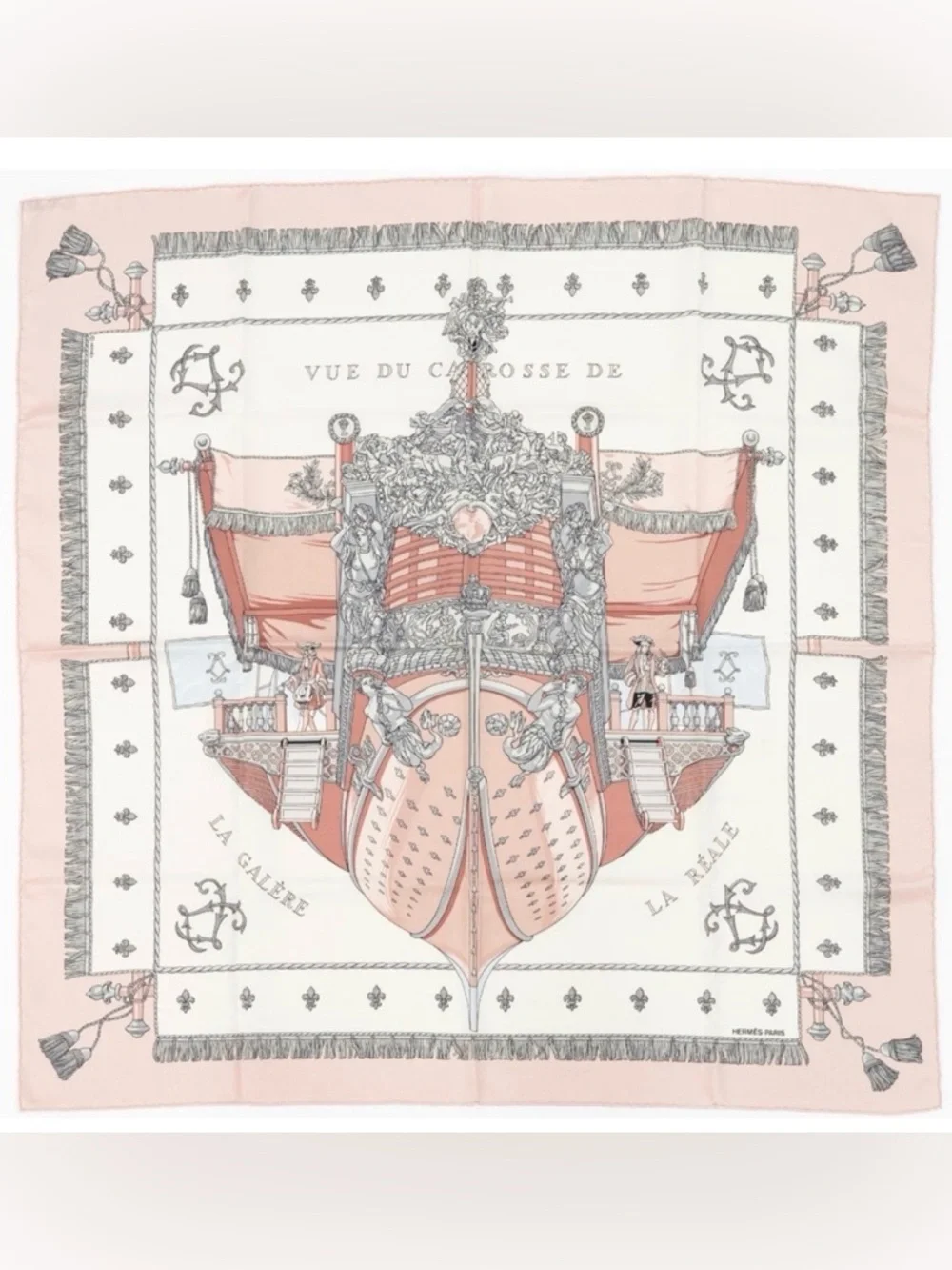 HERMES Vintage Carre 90 Silk Pink “Vue du Carrosse de la Galere la Reale Scarf